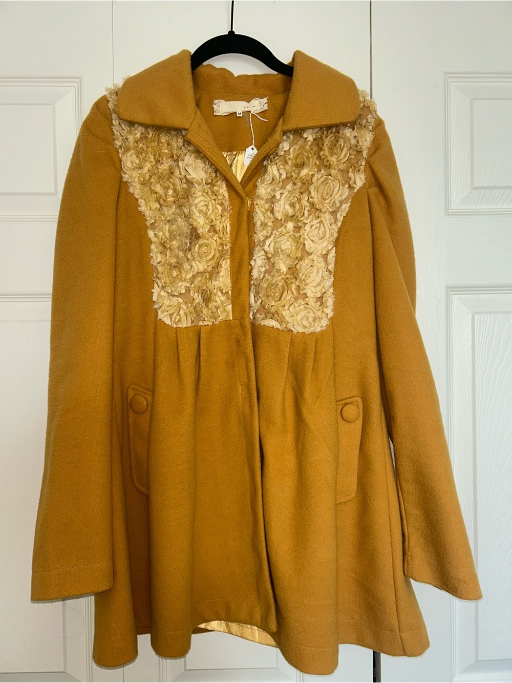 Women's Mustard Pea Coat with Textured Floral Yoke